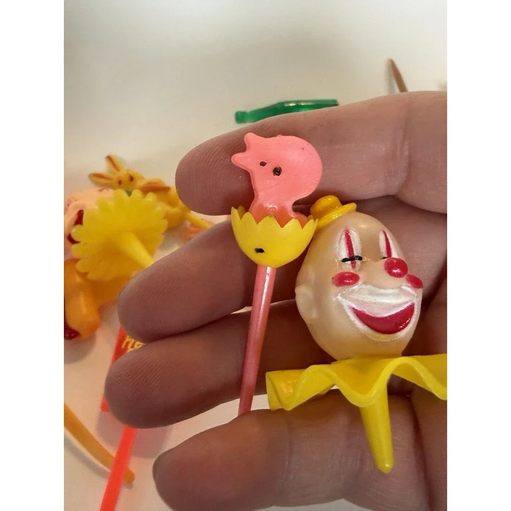 Ten Vintage Cake Toppers Holiday Clown Heads Fries Flamingo Pumpkin Chick Bunny